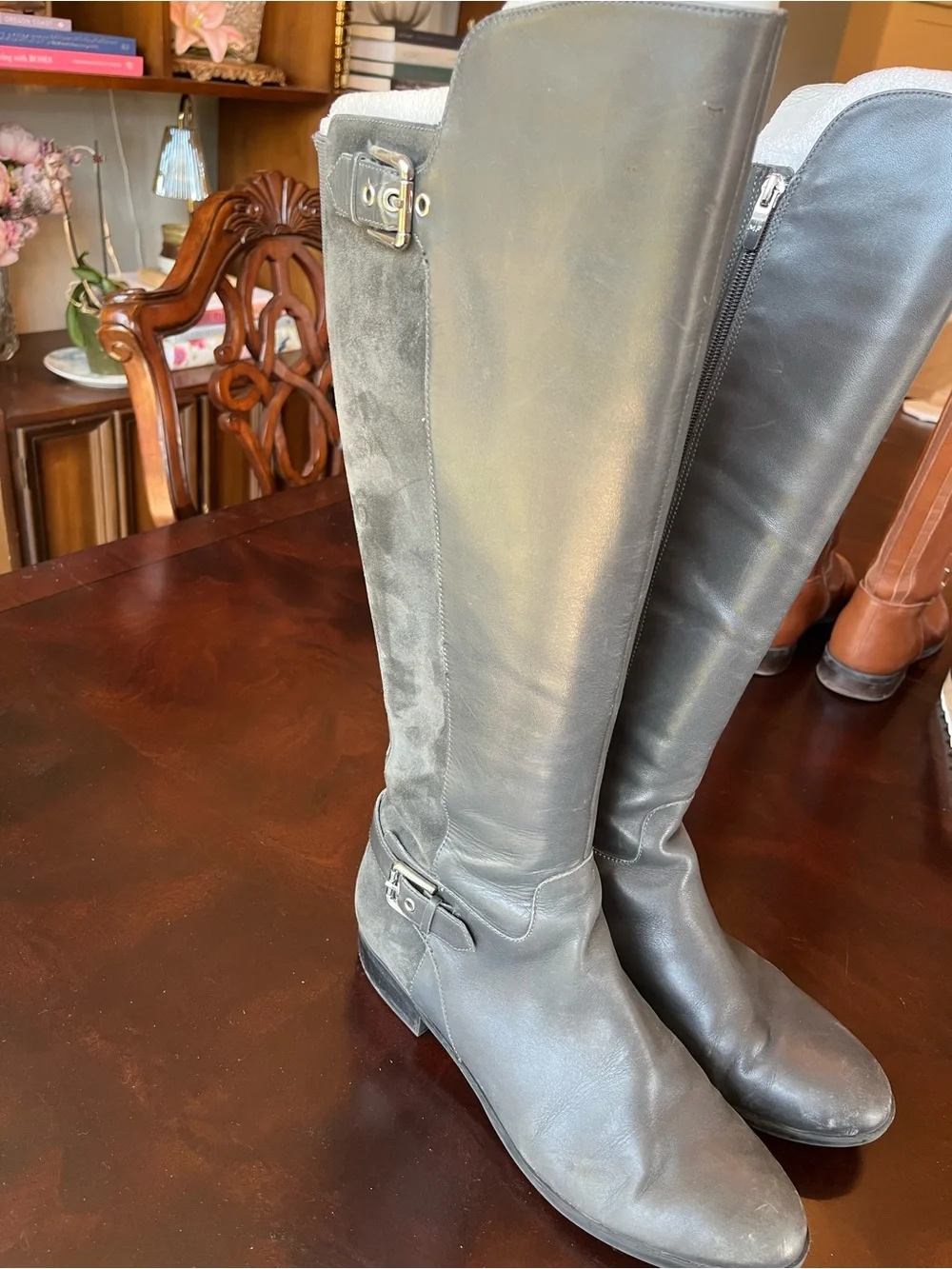 Marc Fisher Grey Leather & Suede Over-the-Knee Riding Boots